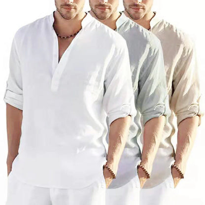 A stylish linen-blend men's casual shirt with a stand collar, button-down closure, and slim tailored fit