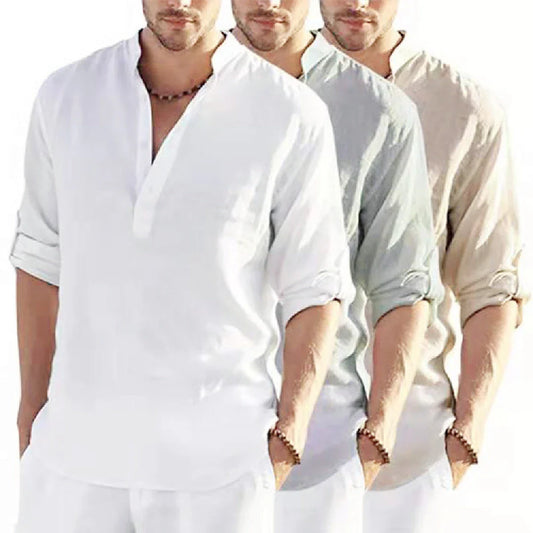 A stylish linen-blend men's casual shirt with a stand collar, button-down closure, and slim tailored fit