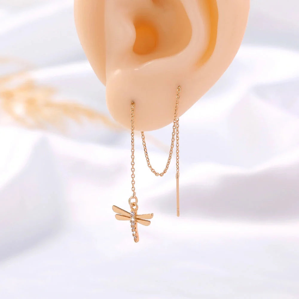 Gold Copper Dragonfly Earrings with Zircon Long Tassel - Elegant Fashion Jewelry