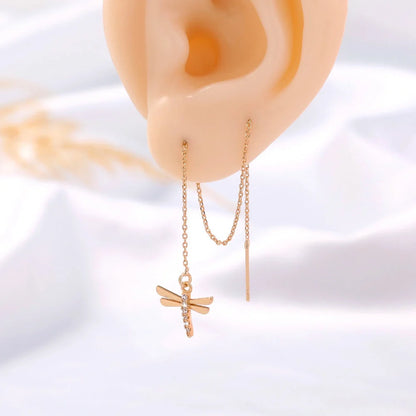 Gold Copper Dragonfly Earrings with Zircon Long Tassel - Elegant Fashion Jewelry