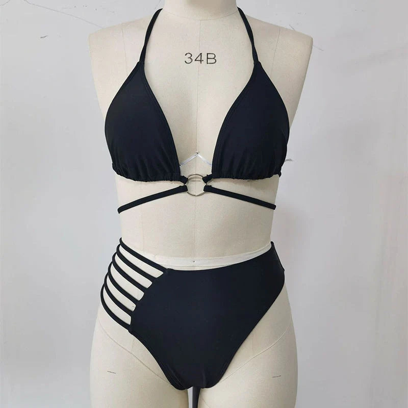 Leopard print halter neck bikini set with cutout straps for summer beach wear
