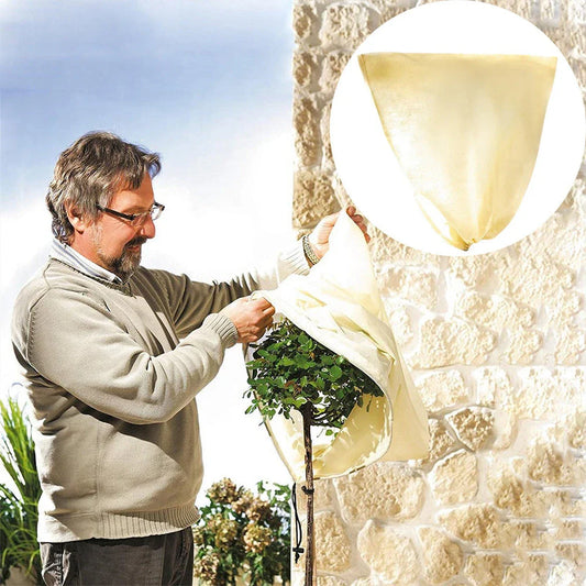 Non-woven plant protection cover in beige, designed to safeguard garden plants from frost, heavy rain, and pests during the British winter.
