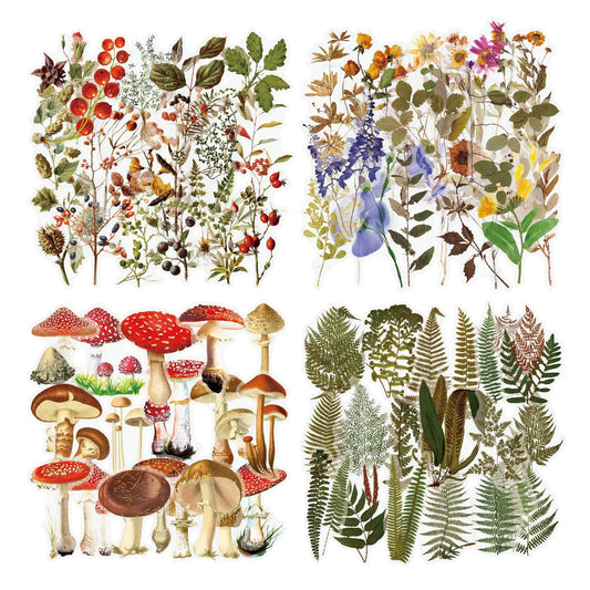 Retro Flower Nature DIY Sticker Pack with transparent flower and mushroom designs