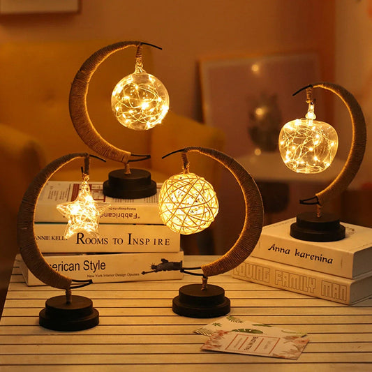 Moon Light LED Copper Wire Lamp with moon and star shapes, high transparent glass pendants, and flexible power options