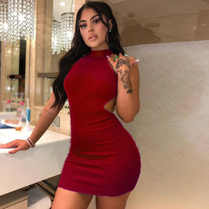 Elegant high neck cocktail dress with unique wrapped back design, available in various colors and sizes