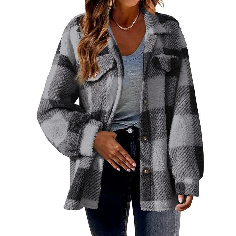 Women's striped loose fit plush coat in various colours