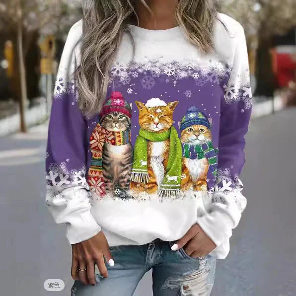 Women's Christmas Snowman and Cat Printed Long Sleeve T-shirt in various colours