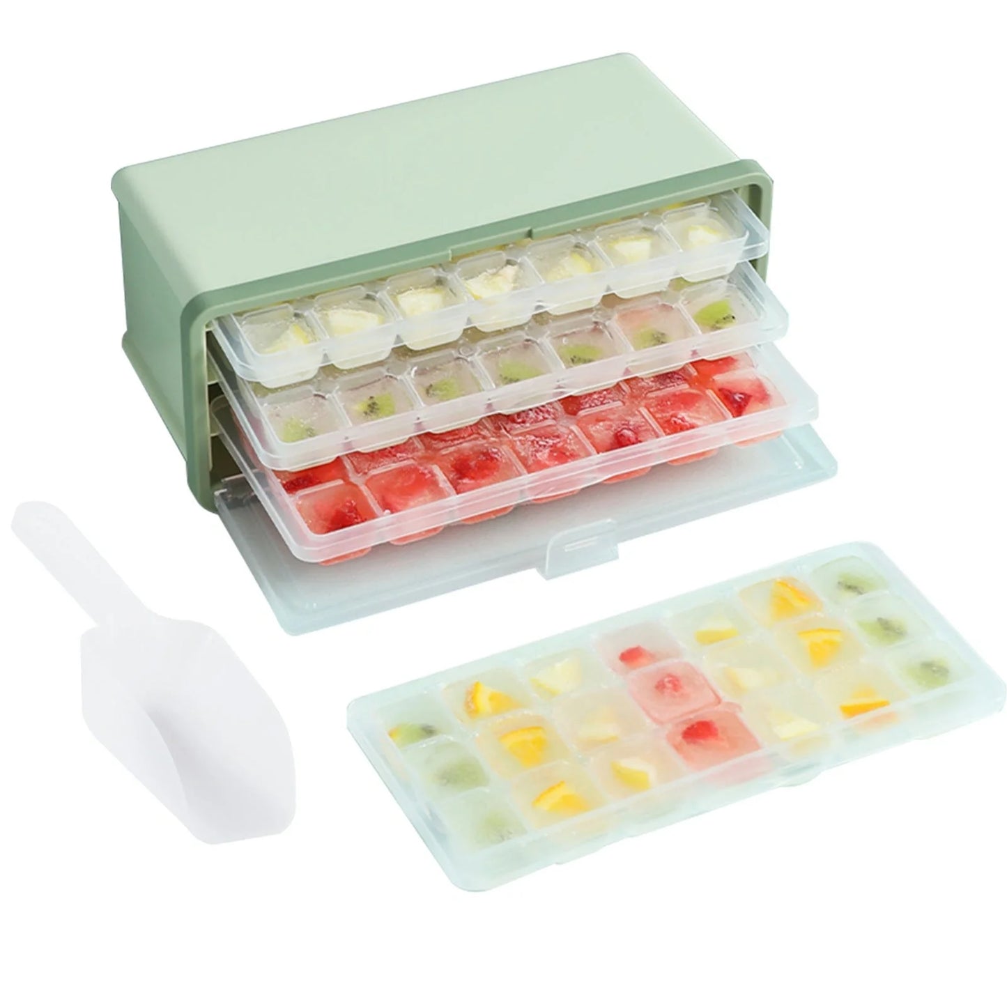 Drawer-type plastic ice cube mold maker with lid and storage bin for easy ice cube making and storage