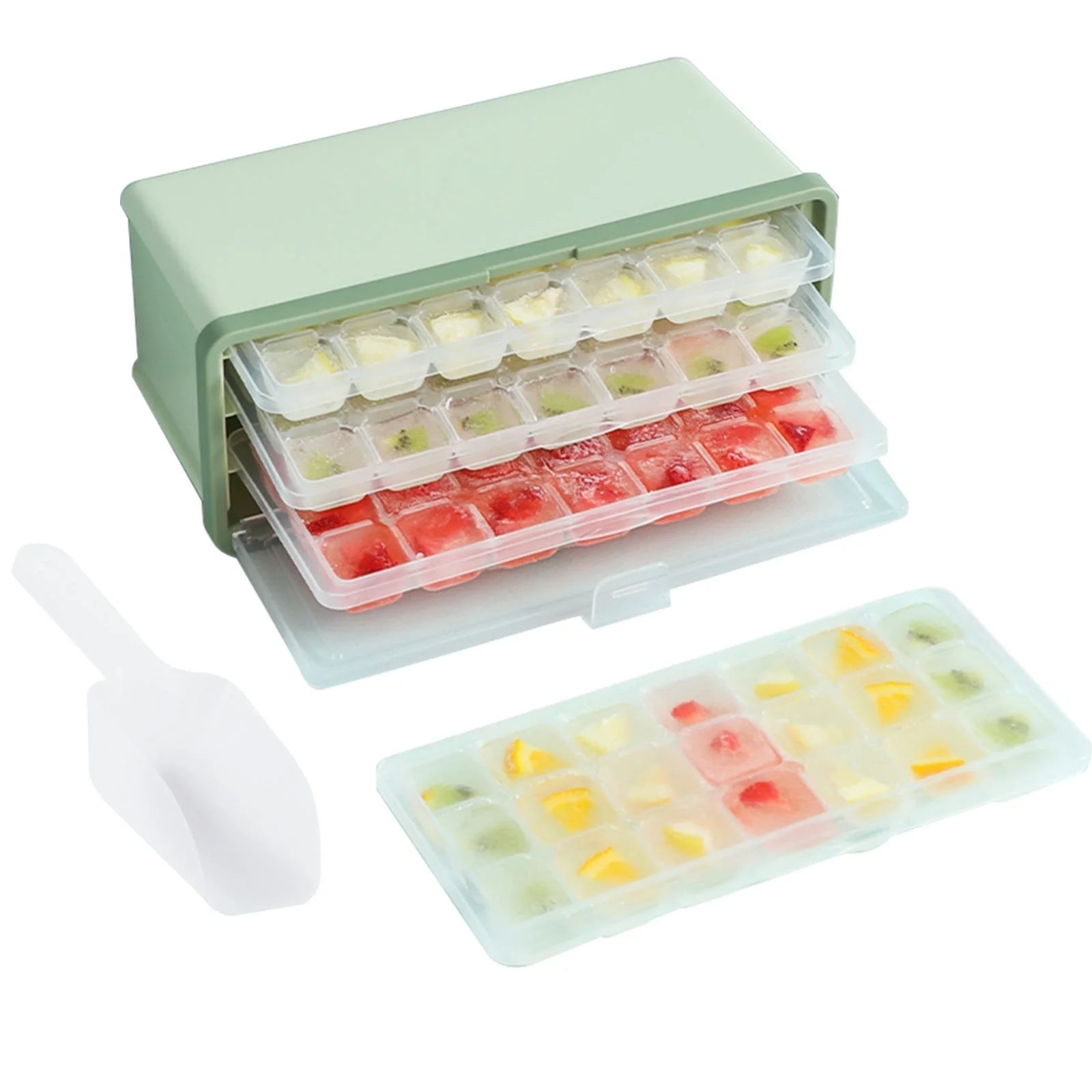 Drawer-type plastic ice cube mold maker with lid and storage bin for easy ice cube making and storage