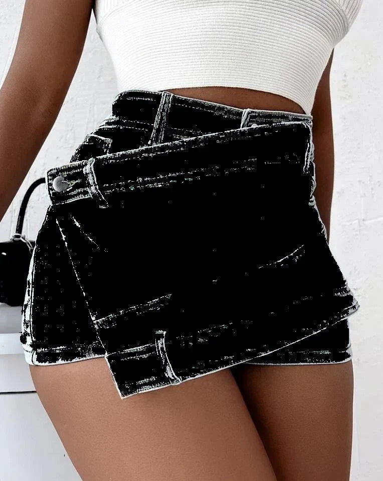 Stylish denim shorts with asymmetrical hem, available in multiple colors and sizes