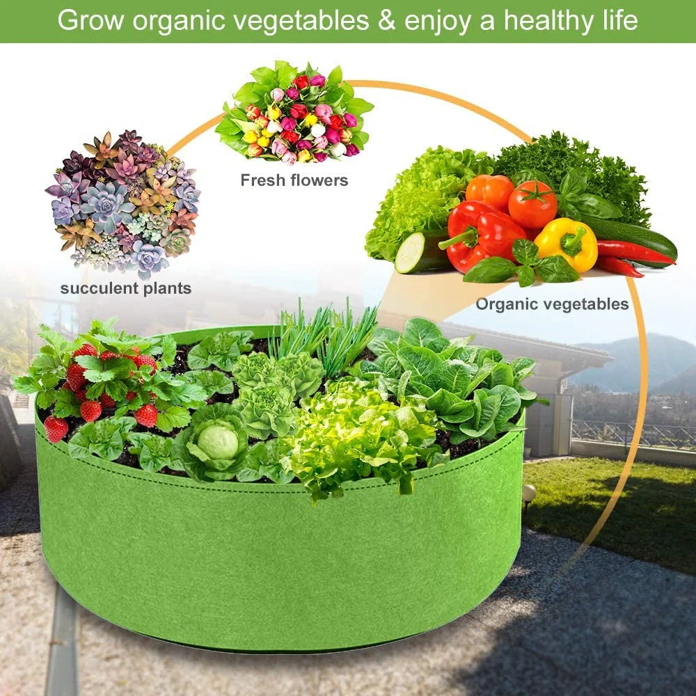 Round black and green fabric grow bags for garden plants with automatic drainage