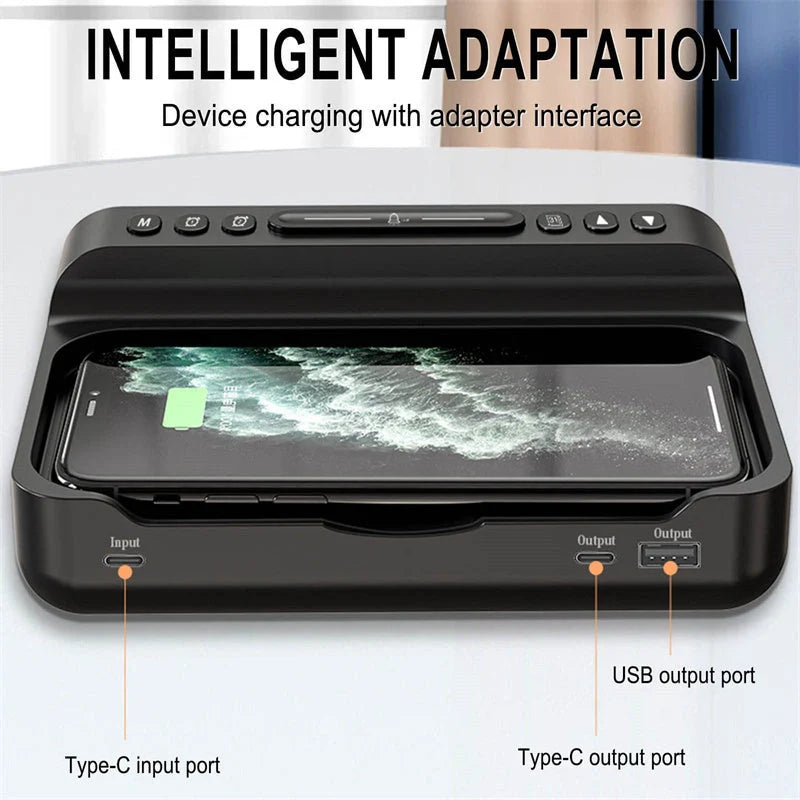 15W Three-in-one Wireless Charger with Temperature Tester and Multi Alarm Clock in black and white