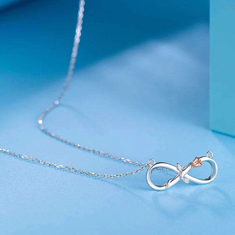 Double Fair Infinity Symbol Rose Necklace in S925 Silver, adjustable 21cm to 50cm