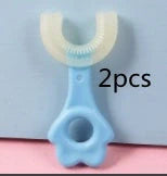 U-shaped baby toothbrush in yellow, pink, and blue, soft silicone for gentle oral care