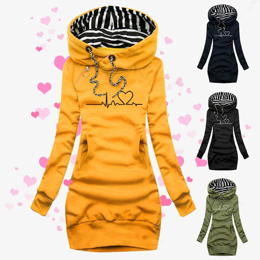 Women's heart print hoodie with geometric patterns and pockets