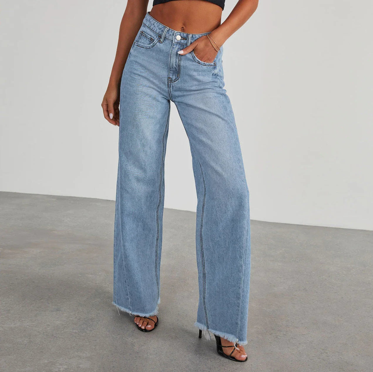 High-rise jeans with pockets, comfortable slim-fit straight leg pants for women in various colors