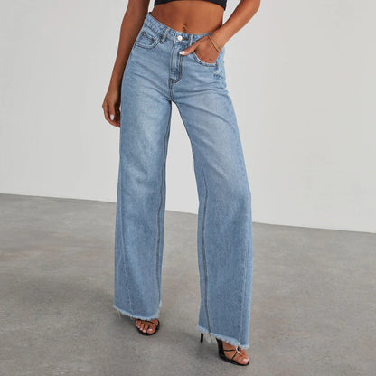 High-rise jeans with pockets, comfortable slim-fit straight leg pants for women in various colors