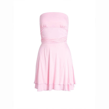 Trendy Y2K pleated tube top mini dress in a variety of vibrant colors and sizes