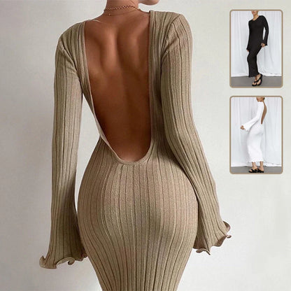 Slim long-sleeved ruffled maxi dress in khaki, black, or white with backless design