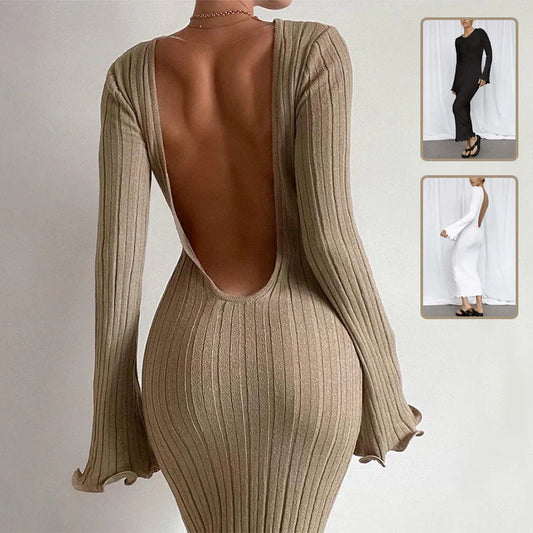Slim long-sleeved ruffled maxi dress in khaki, black, or white with backless design