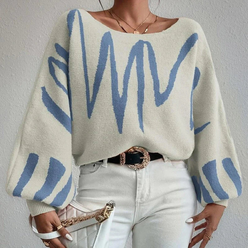 Women's lantern-sleeved pullover sweater with printed design in various colours