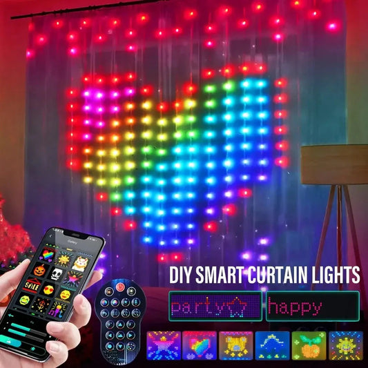 Smart LED RGB Curtain String Lights with Bluetooth control and waterproof design