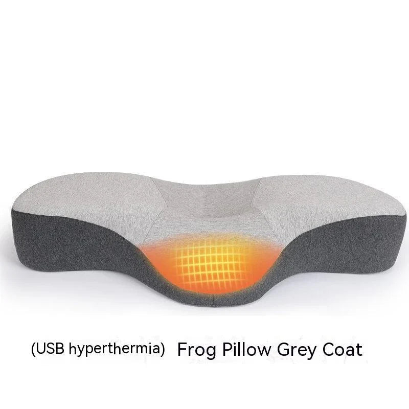 Cozy contoured memory foam pillow with gray cover, providing optimal neck support and comfort for a restful night's sleep.