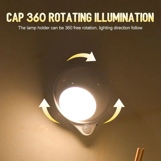 A versatile smart sensor lamp with a 360-degree rotating head and magnetic backing for easy installation on any iron surface.
