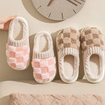 Plaid plush slippers for women with non-slip sole in various colours