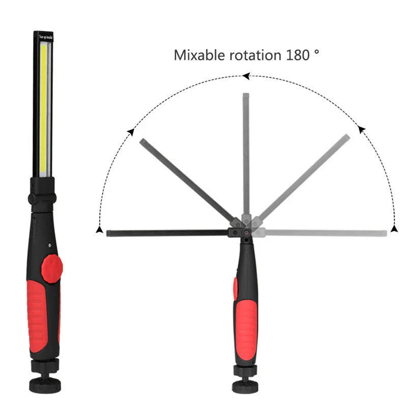 Bright Magnetic LED Worklight with adjustable light bar, 360-degree swivel base, and strong magnetic attachment for hands-free use