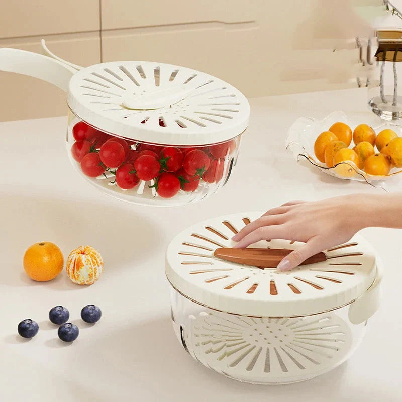 Versatile fruit drain basket with lid and foldable handle for fresh produce storage