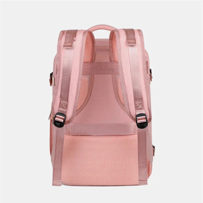 Spacious women's travel backpack with dry and wet compartments, waterproof construction, and comfortable air-cushioned harness