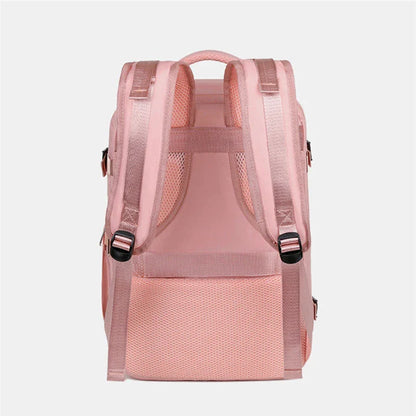 Spacious women's travel backpack with dry and wet compartments, waterproof construction, and comfortable air-cushioned harness