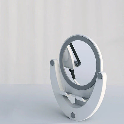 Adjustable makeup mirror phone holder with various angle and color options for hands-free mobile use, grooming, and entertainment.