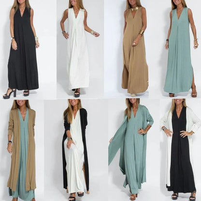 Stylish Women's V-neck Sleeveless Dress with Long Cardigan in various colors