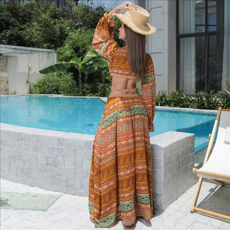 Elegant Women's Floral Long Sleeve Dress in vibrant orange, perfect for spring and summer occasions.