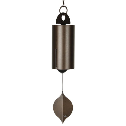 Handcrafted metal wind chimes in black and brown colors, available in small and large sizes, creating a serene outdoor ambiance