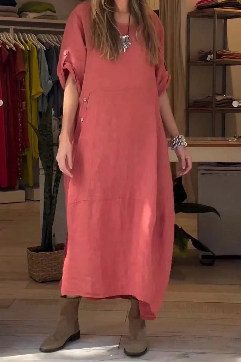 Loose casual short sleeve dress in cotton and linen with 3D effect, available in multiple colours