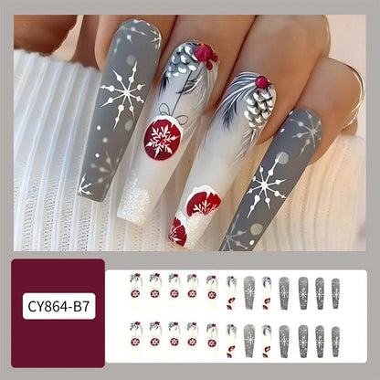 24pcs Christmas false nails with hat striped snowflake design for holiday parties