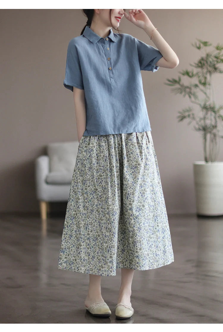 Artistic Floral Washed Cotton Skirt with little yellow and blue flowers, urban leisure style