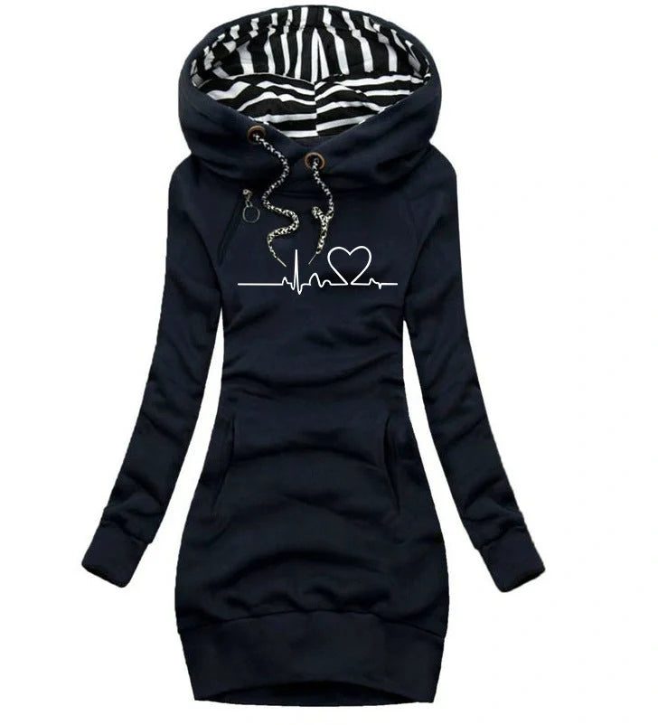 Women's heart print hoodie with geometric patterns and pockets