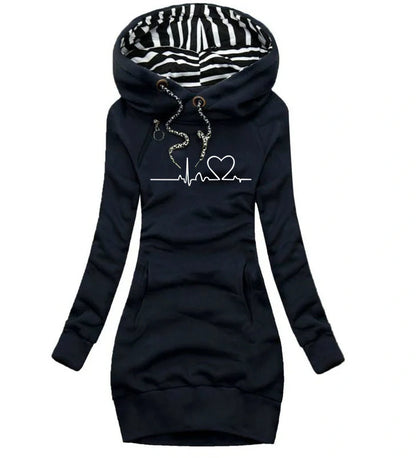 Women's heart print hoodie with geometric patterns and pockets