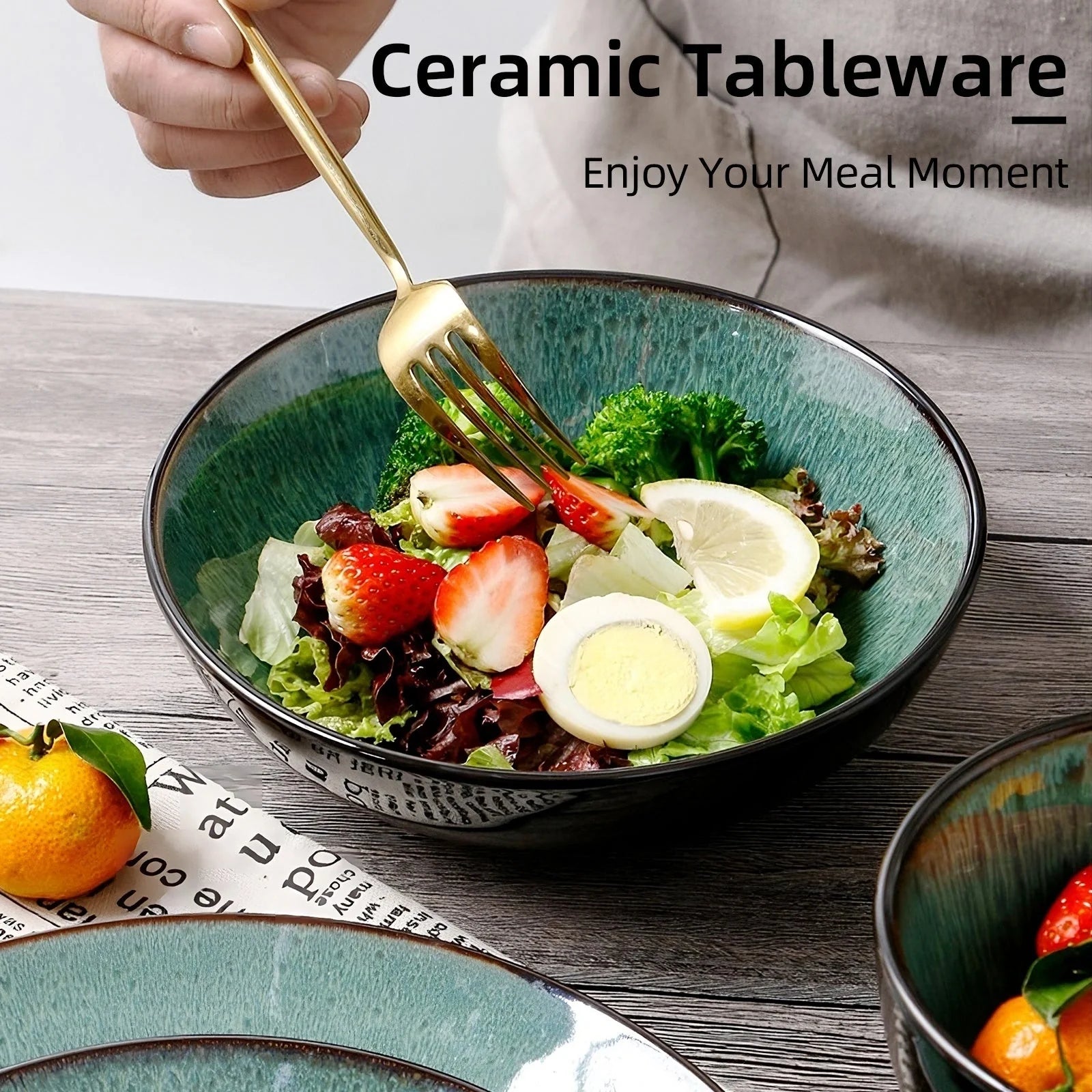 Set of four peacock green ceramic bowls with kiln change finish, 30oz capacity