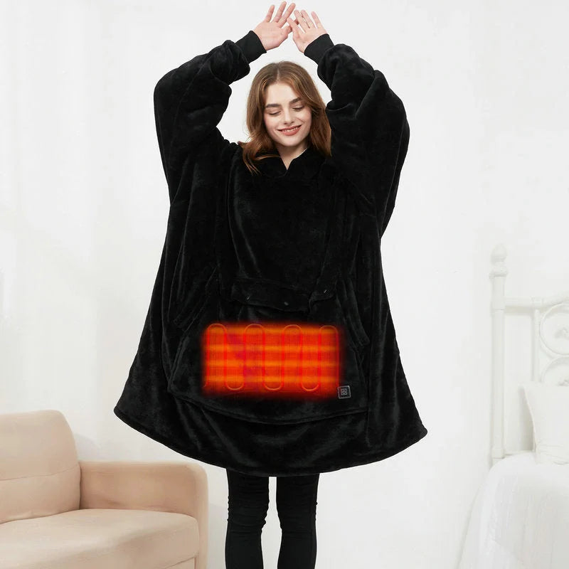 USB heated oversized hoodie blanket with large back heating area in various colors