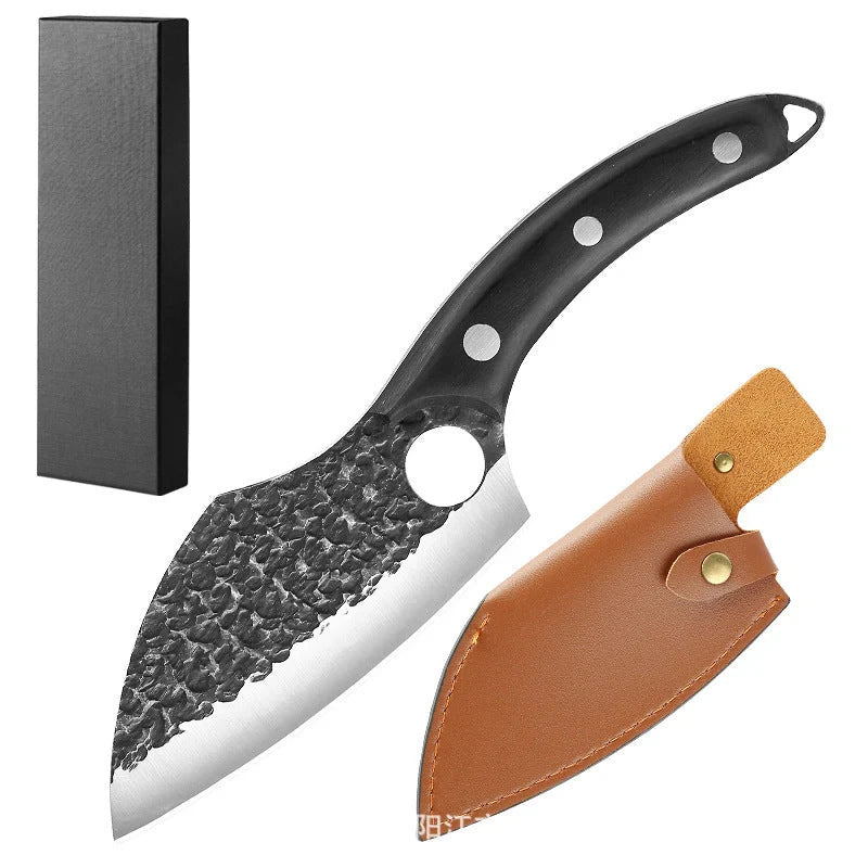 Forged High Carbon Steel Outdoor Bending Knife with PU leather cover and cowhide box