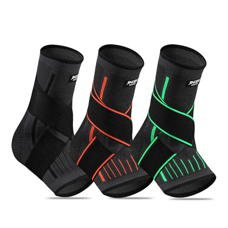 Sports compression ankle protector in black, green, and orange colours