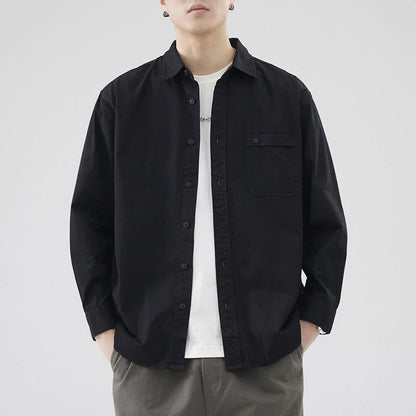 LKTM men's long-sleeved shirt in black, white, and grey colours, featuring a classic American-inspired design and premium cotton construction