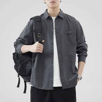 LKTM men's long-sleeved shirt in black, white, and grey colours, featuring a classic American-inspired design and premium cotton construction