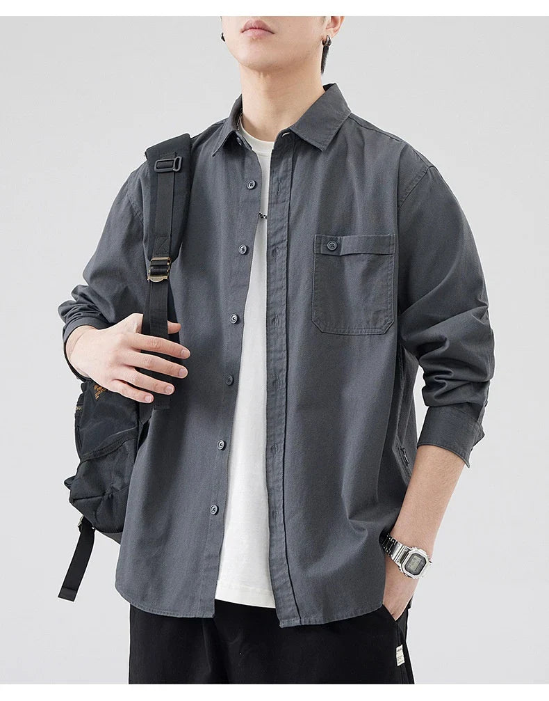 LKTM men's long-sleeved shirt in black, white, and grey colours, featuring a classic American-inspired design and premium cotton construction