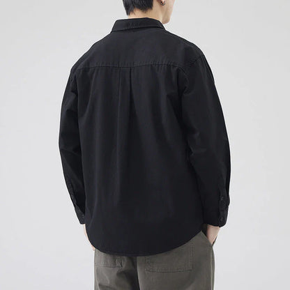LKTM men's long-sleeved shirt in black, white, and grey colours, featuring a classic American-inspired design and premium cotton construction
